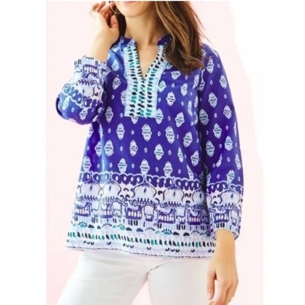 Lilly Pulitzer Lapis Engineered Asani Tunic M Blues Pinks Elephants Boho - Picture 5 of 12